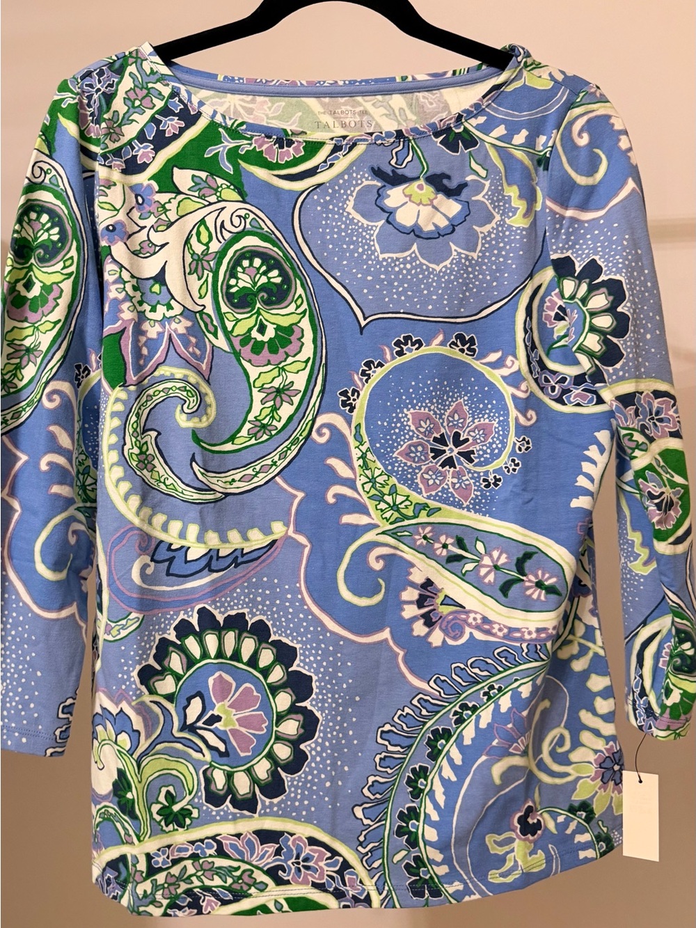 Talbots Blue Paisley-Print Boatneck Tunic with Green and Cream Accents
